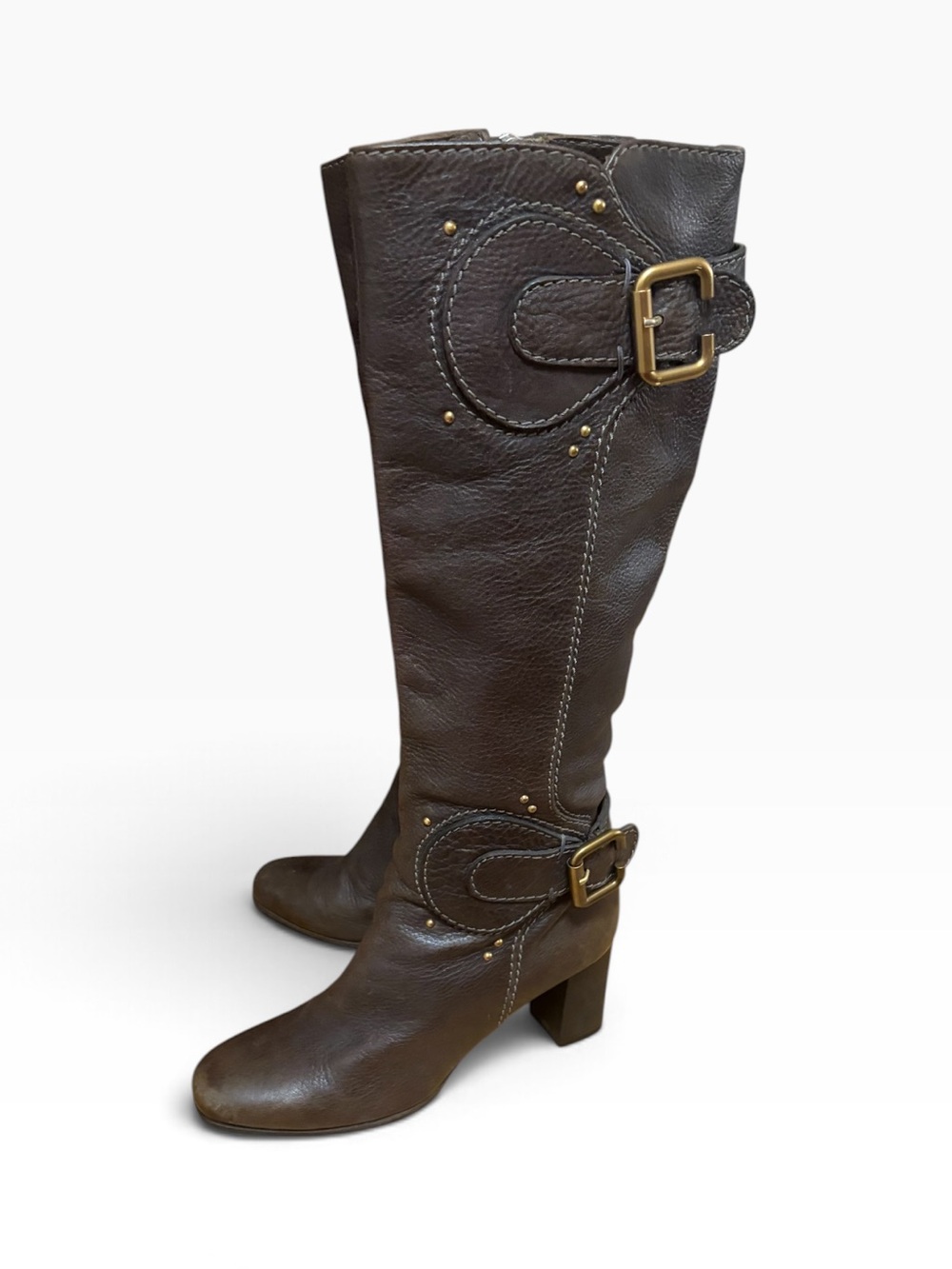 Vintage Chloe Brown leather Brass buckle knee high boots 38 paddington moto tall